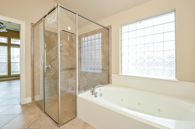 bathroom with tile patterned floors, shower with separate bathtub, and ceiling fan