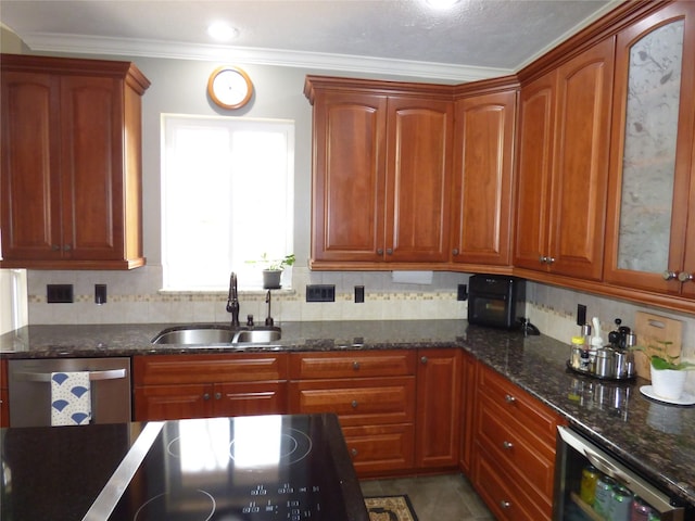 kitchen featuring sink, dishwasher, backsplash, beverage cooler, and dark stone counters