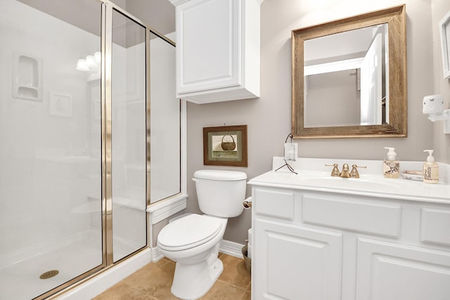 bathroom with vanity, tile patterned floors, a shower with door, and toilet