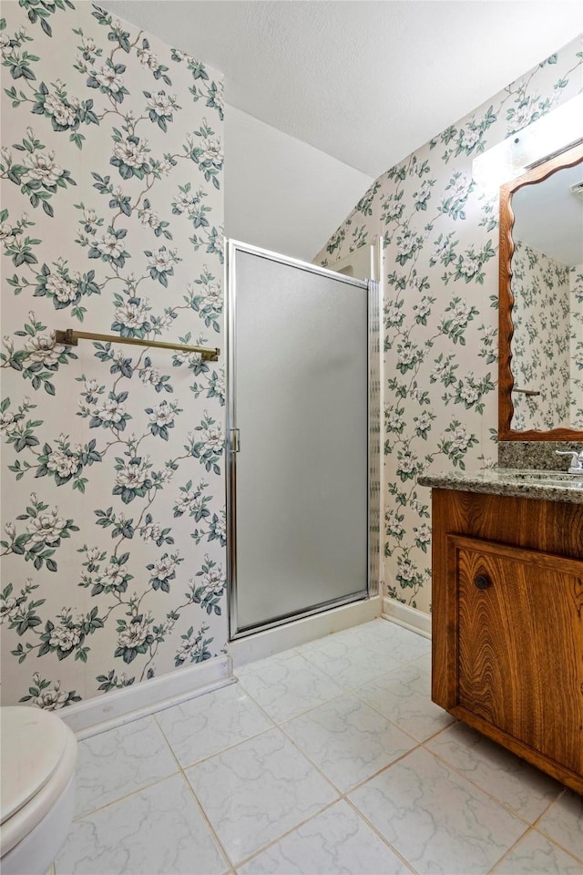 bathroom with vanity, a textured ceiling, toilet, and walk in shower