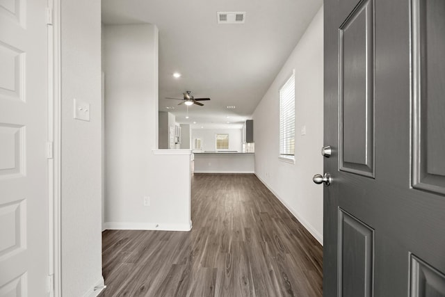 foyer entrance featuring dark hardwood / wood-style flooring and ceiling fan