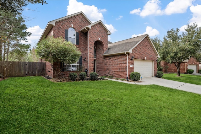 view of front property featuring a garage and a front lawn