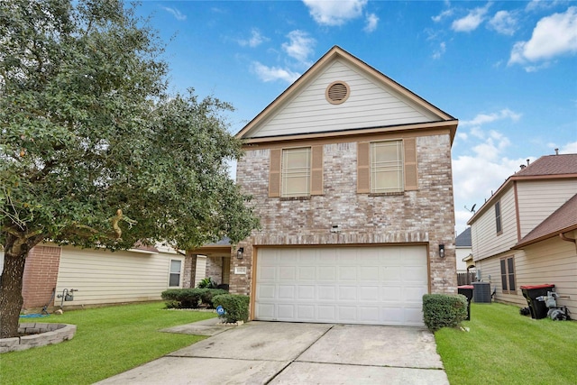 view of front property with a garage, a front lawn, and central air condition unit