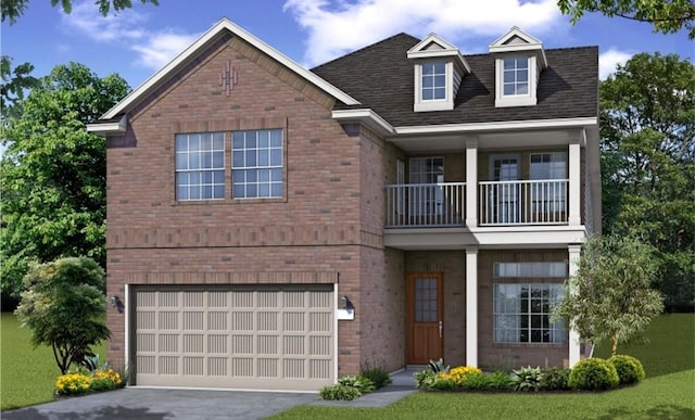 view of front of house with a balcony, a garage, and a front yard