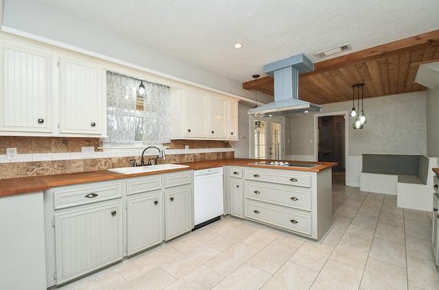 kitchen with dishwasher, hanging light fixtures, a peninsula, island exhaust hood, and a sink