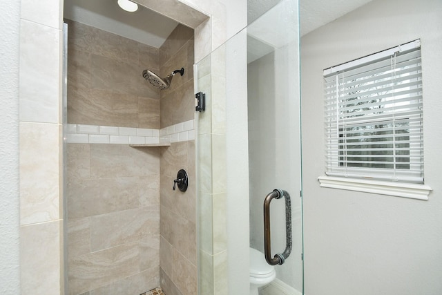 bathroom with a shower stall and toilet