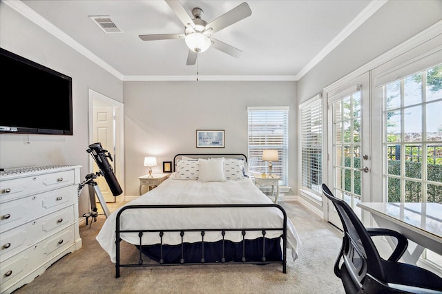 bedroom with light carpet, crown molding, and multiple windows