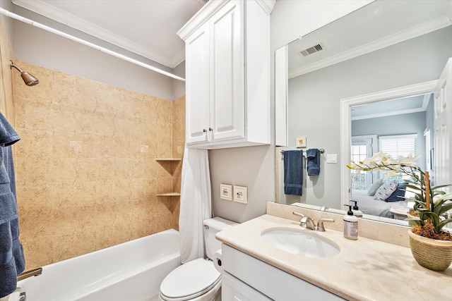 full bathroom with vanity, ornamental molding, toilet, and shower / bathtub combination with curtain