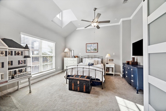 bedroom featuring high vaulted ceiling and carpet flooring