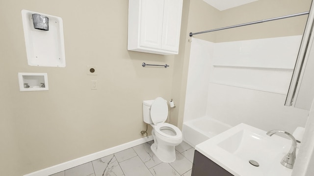 full bathroom featuring bathtub / shower combination, vanity, and toilet