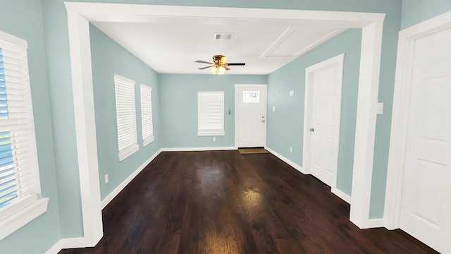 entryway featuring ceiling fan and dark hardwood / wood-style floors