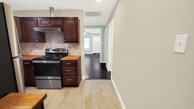 kitchen featuring dark brown cabinetry, butcher block countertops, decorative backsplash, and appliances with stainless steel finishes