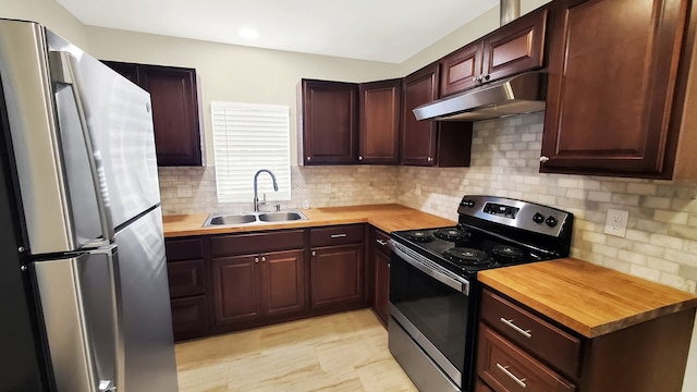 kitchen featuring appliances with stainless steel finishes, sink, butcher block countertops, and decorative backsplash