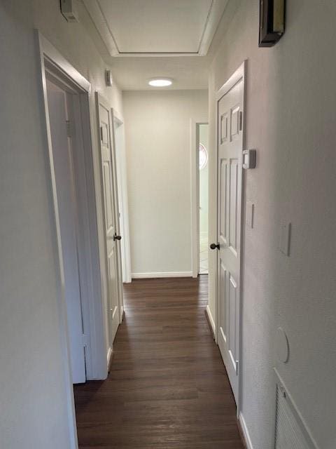 hallway featuring dark wood-type flooring