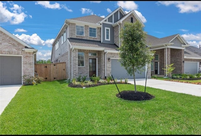 view of front of house featuring a front lawn, a garage, brick siding, concrete driveway, and fence