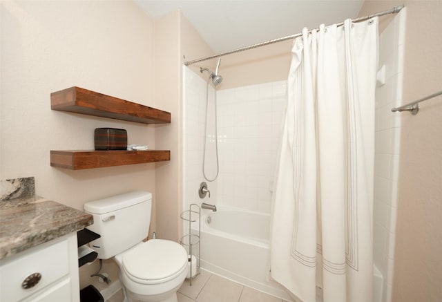 full bathroom featuring vanity, shower / tub combo, tile patterned floors, and toilet