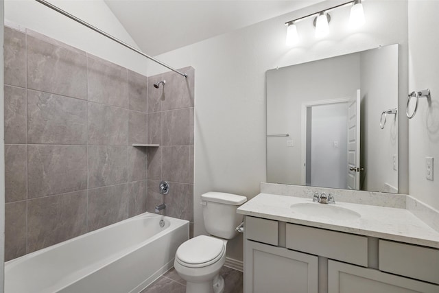 27603 Beachside Arbor Dr, Katy, TX 77493 - bathroom with toilet, shower / bathtub combination, vanity, and lofted ceiling