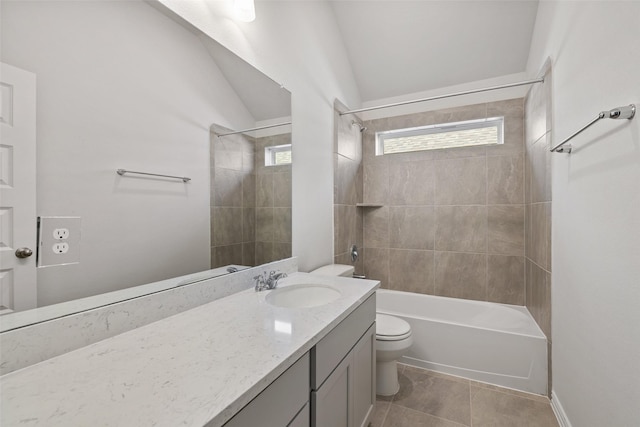 27603 Beachside Arbor Dr, Katy, TX 77493 - full bathroom featuring toilet, plenty of natural light, vanity, tub / shower combination, and lofted ceiling