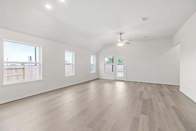 5830 Westwood Shore Dr, Katy, TX 77493 - spare room featuring ceiling fan, light wood-style floors, baseboards, lofted ceiling, and recessed lighting