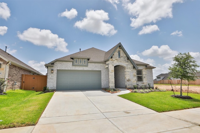 5830 Westwood Shore Dr, Katy, TX 77493 - french provincial home featuring concrete driveway, a garage, roof with shingles, stone siding, and brick siding
