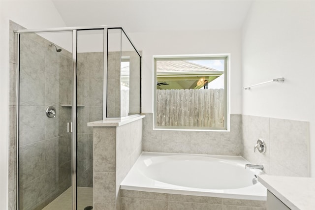 5830 Westwood Shore Dr, Katy, TX 77493 - bathroom featuring a garden tub, a shower stall, and vanity