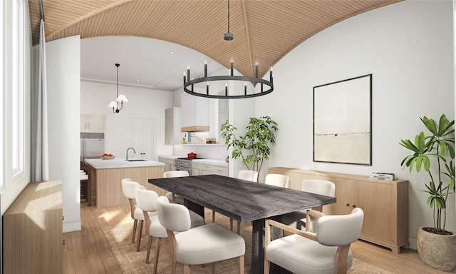 dining area with vaulted ceiling, light wood-style flooring, and an inviting chandelier