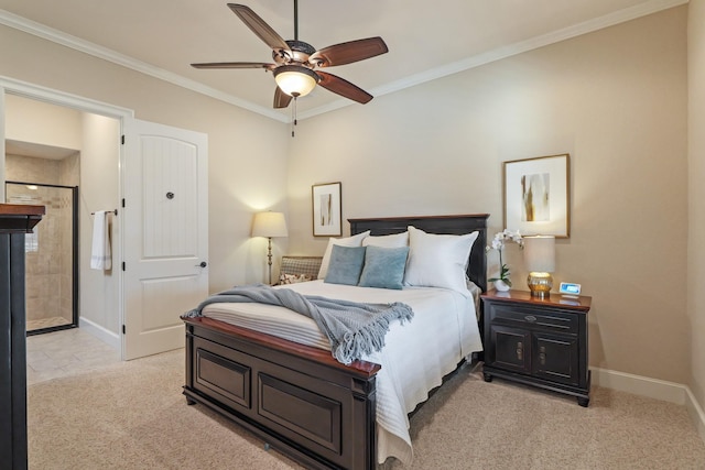 carpeted bedroom featuring crown molding and ceiling fan