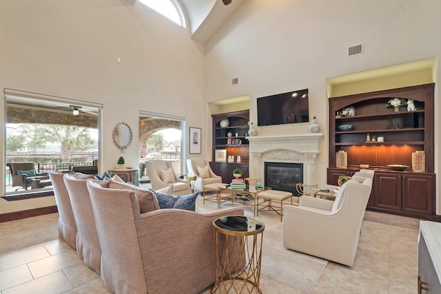 tiled living room with built in features