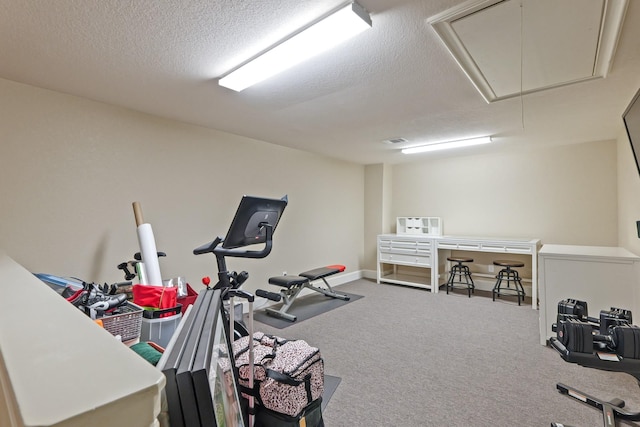 exercise area featuring carpet floors and a textured ceiling