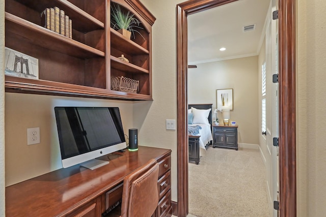 office area featuring ornamental molding and carpet floors