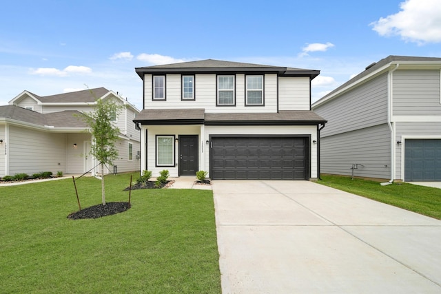 view of front of house with roof with shingles, concrete driveway, an attached garage, and a front lawn