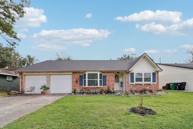 single story home featuring a garage and a front lawn