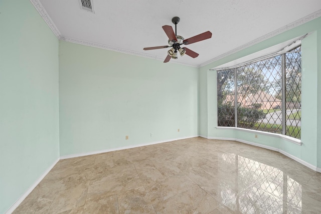 unfurnished room featuring crown molding, ceiling fan, and plenty of natural light