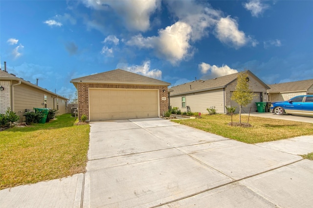 ranch-style house with a garage and a front lawn