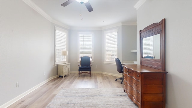 home office featuring ornamental molding, ceiling fan, and light wood-type flooring