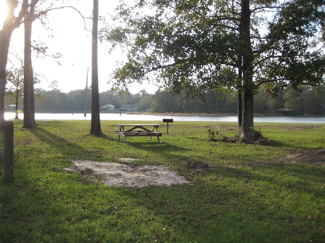 view of home's community with a water view and a lawn