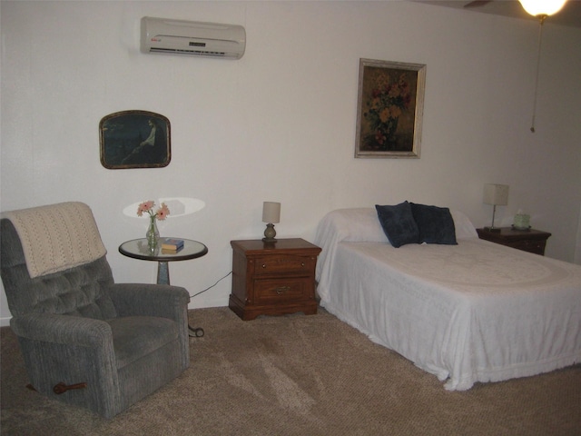 bedroom featuring carpet flooring and an AC wall unit