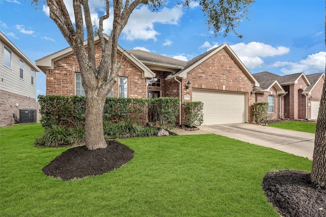 view of front of property with a garage, a front yard, and cooling unit