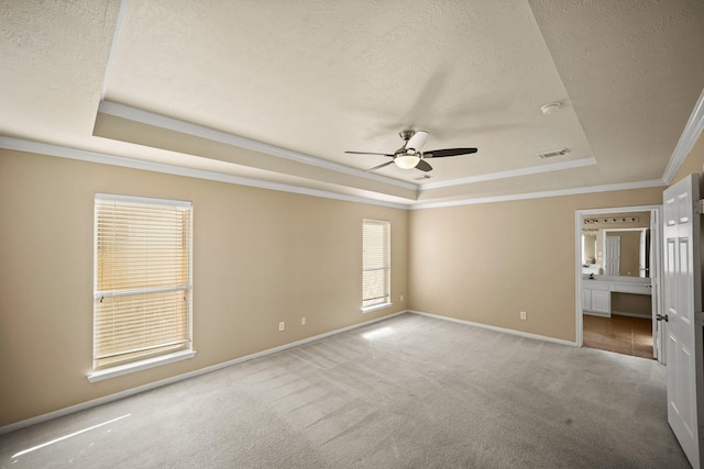 unfurnished room with light carpet, crown molding, a raised ceiling, and a textured ceiling