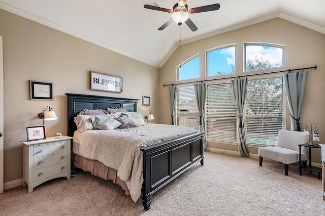 bedroom with light carpet, lofted ceiling, and crown molding