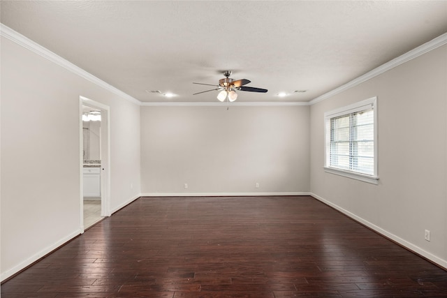 unfurnished room featuring ornamental molding, dark wood-type flooring, and ceiling fan