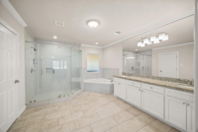 bathroom with crown molding, shower with separate bathtub, and vanity