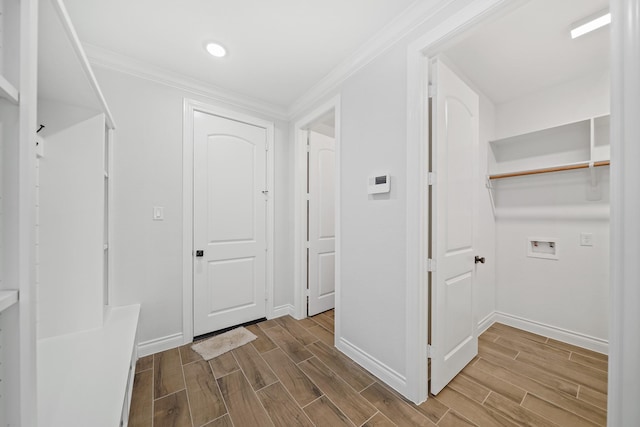 corridor featuring ornamental molding