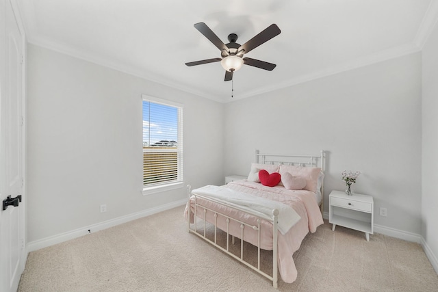 bedroom featuring ceiling fan, ornamental molding, and light carpet