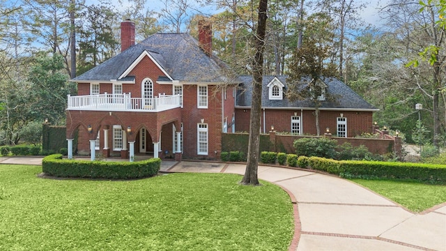 colonial home with a front yard, concrete driveway, brick siding, and a chimney