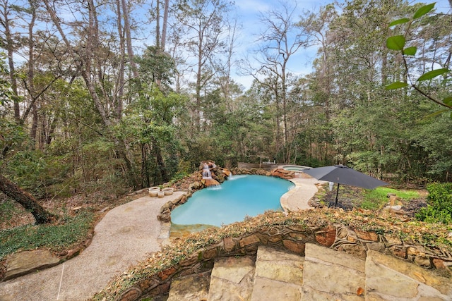 view of pool featuring a patio area and an in ground hot tub