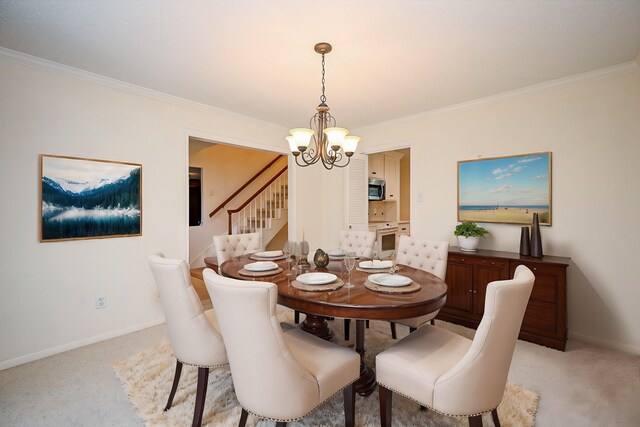 19431 Joanleigh Dr, Spring, TX 77388 - dining space featuring an inviting chandelier, ornamental molding, stairs, light carpet, and baseboards