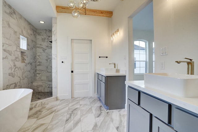 2215 Bevis St, Houston, TX 77008 - bathroom with two vanities, a tile shower, a freestanding tub, beamed ceiling, and recessed lighting