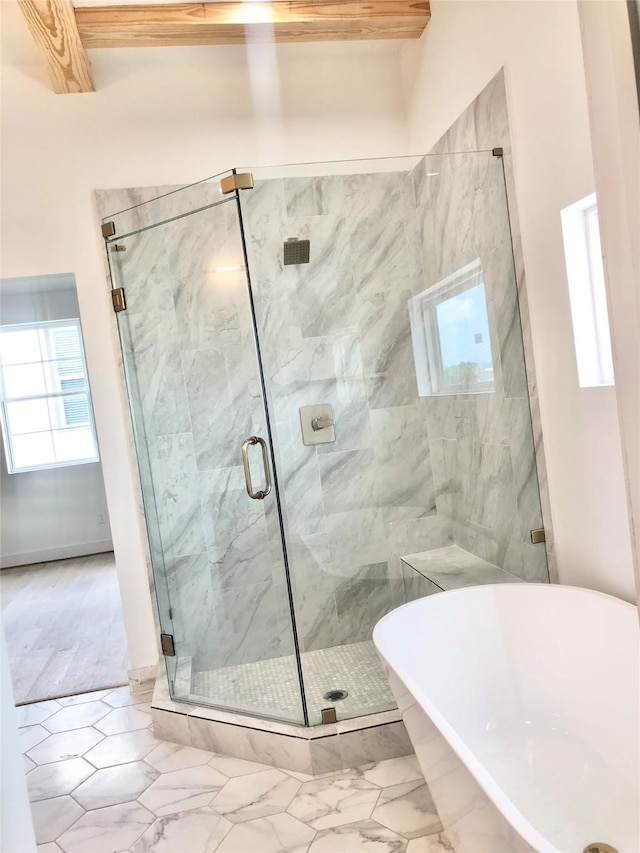 2215 Bevis St, Houston, TX 77008 - bathroom featuring healthy amount of natural light, a soaking tub, and a shower stall