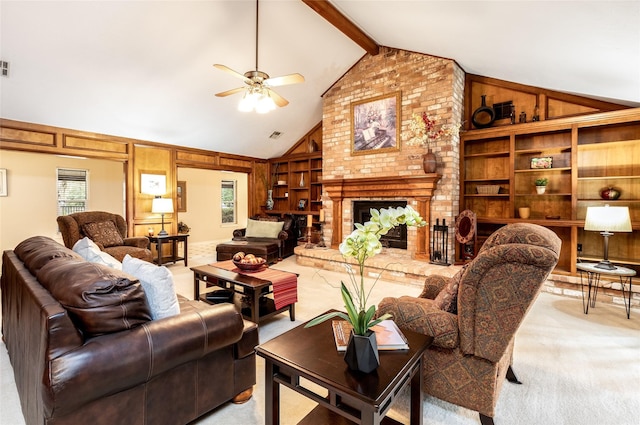 living area with high vaulted ceiling, light carpet, a fireplace, visible vents, and beam ceiling